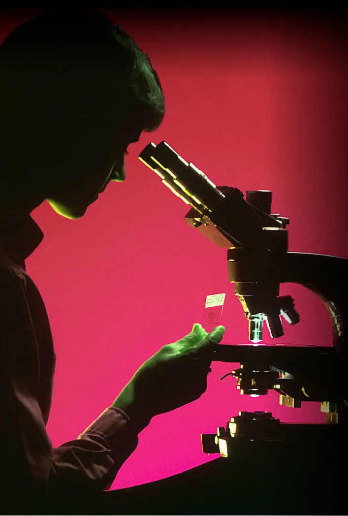 Scienziato al microscopio